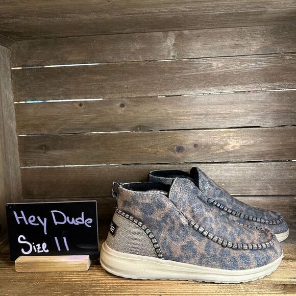 Womens Hey Dude Helis Leo Nut Brown Leopard Print Line Ankle Boots Size 11 M GUC - Picture 1 of 8